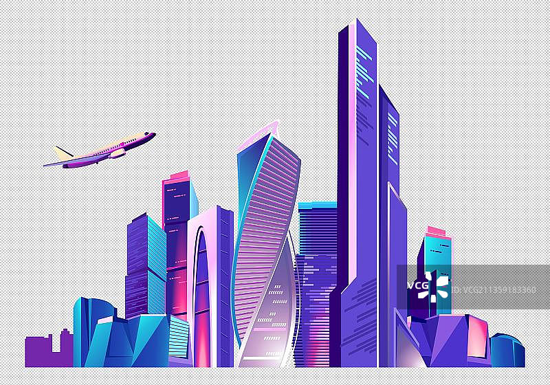 紫色商务城市高楼飞机图片素材