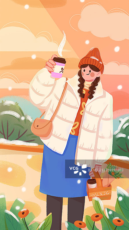 扁平插画冬天下雪拿咖啡的女孩图片素材