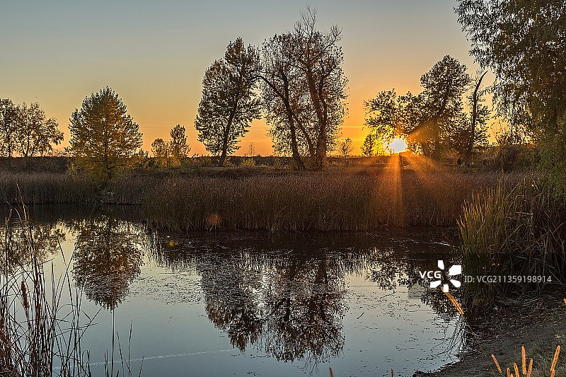 穆列什洪泛区自然公园日落湖景，罗马尼亚图片素材