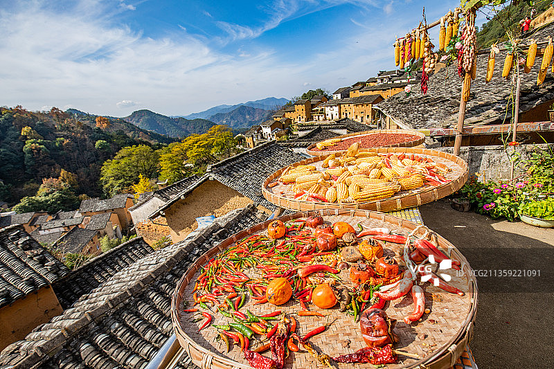 皖南婺源安徽黄山石潭阳产土楼晒秋图片素材