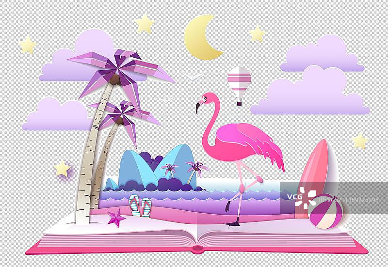 卡通沙滩中的夜景元素图片素材