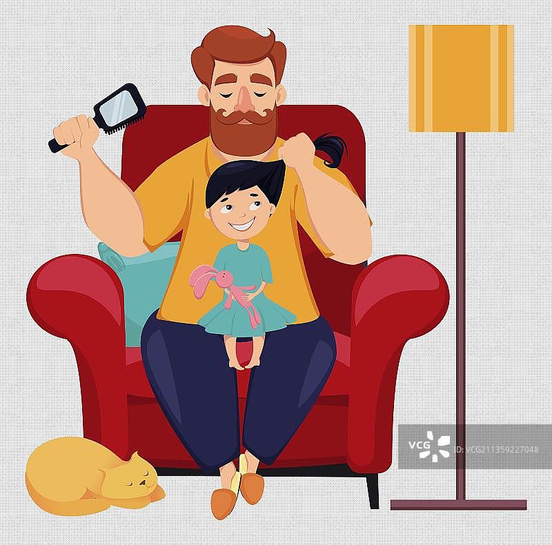 帮女儿束发的父亲图片素材