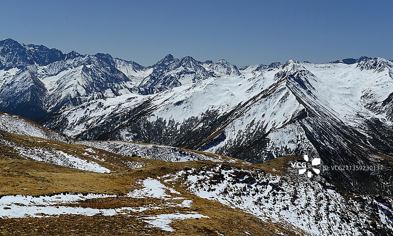 雪山上的徒步，卧龙巴朗山上，远望西岭雪山图片素材