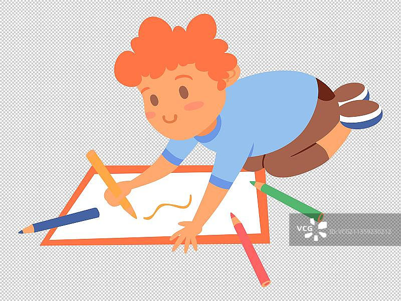 卡通趴在地上绘画的男孩图片素材
