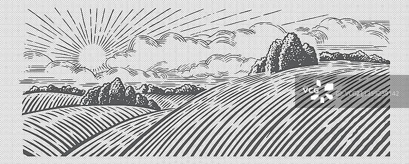 手绘木刻版画风田园风光图片素材