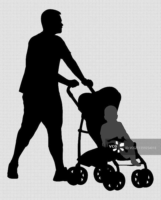 推着婴儿车的父亲剪影图片素材