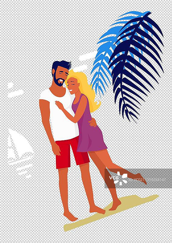 沙滩上靠在一起拍照的情侣图片素材