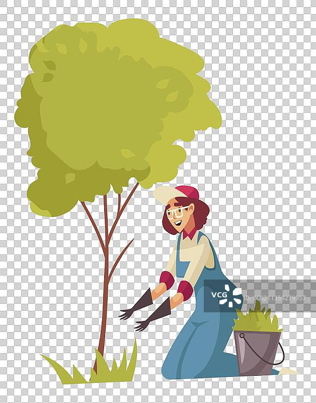 漫画风大树边上的园艺师图片素材