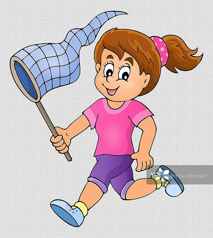 漫画风女孩拿着捕鱼网图片素材