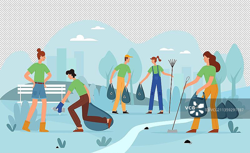 卡通广场上人物捡垃圾图片素材