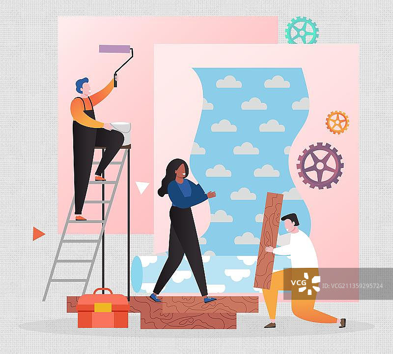 漫画风室内装修刷墙的工人图片素材