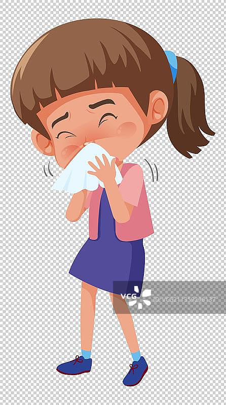 漫画风女孩拿纸巾擦鼻子图片素材