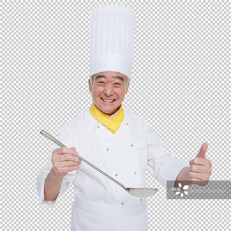 穿着厨师服的老年男人竖起大拇指图片素材