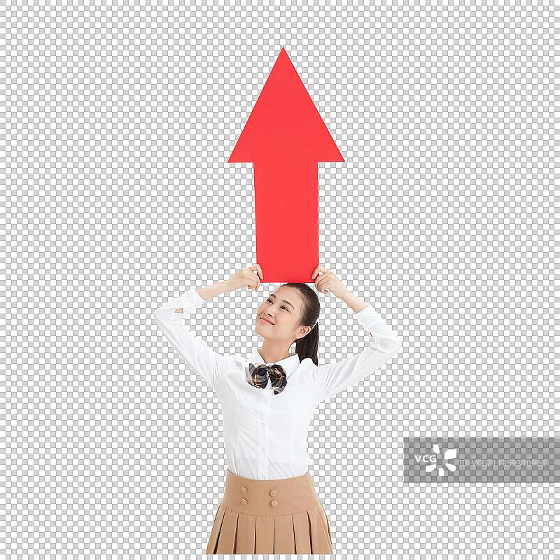 一个中学女生举着红色箭头图片素材