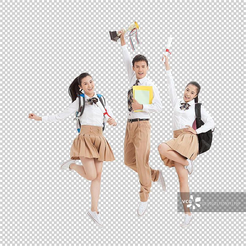毕业的中学生拿着奖杯和文凭欢呼图片素材