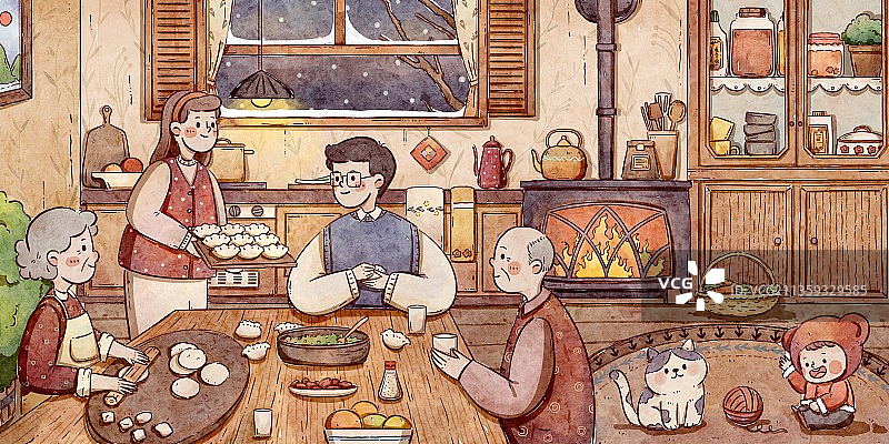 阖家团圆家庭团聚包饺子图片素材