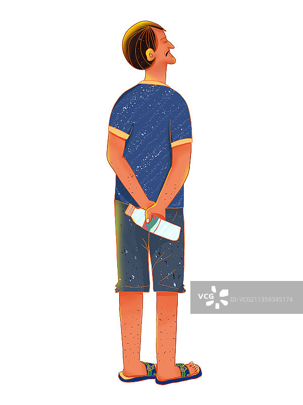 国风一个拿着矿泉水抬头思考穿着拖鞋的农民男人孤单背影形象元素图片素材