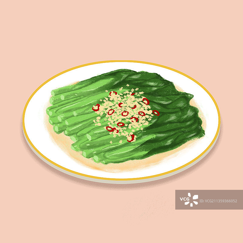 一盘美味蒜蓉青菜插画图片素材