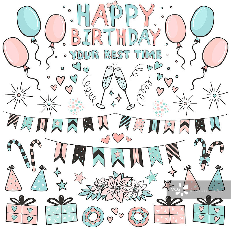 手绘生日礼物气球涂鸦套装图片素材