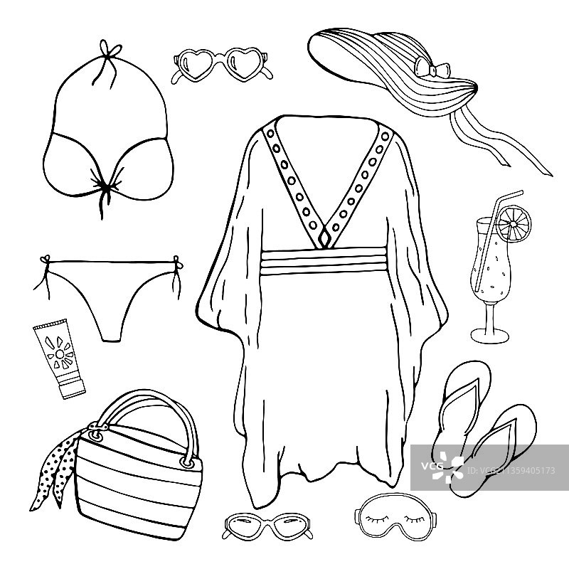 手绘涂鸦泳衣草帽素描图片素材