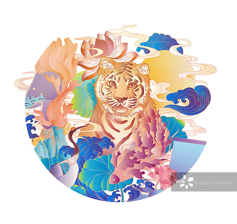 彩色国风老虎插画图片素材