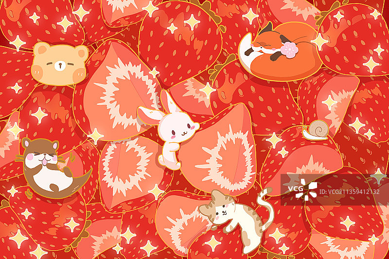 可爱草莓小动物插画（含源文件）图片素材