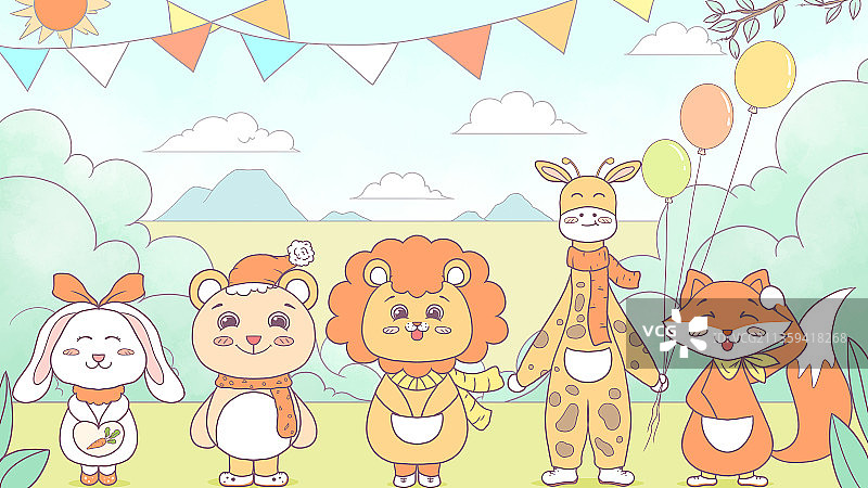 原创手绘简约卡通可爱动物扁平风横板插画图片素材