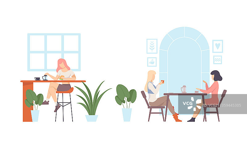 在咖啡馆餐桌旁用餐的女性角色图片素材