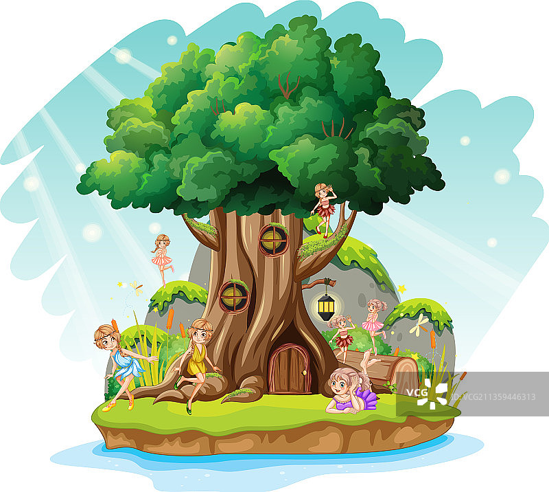 有仙女的奇幻树屋卡通图片素材