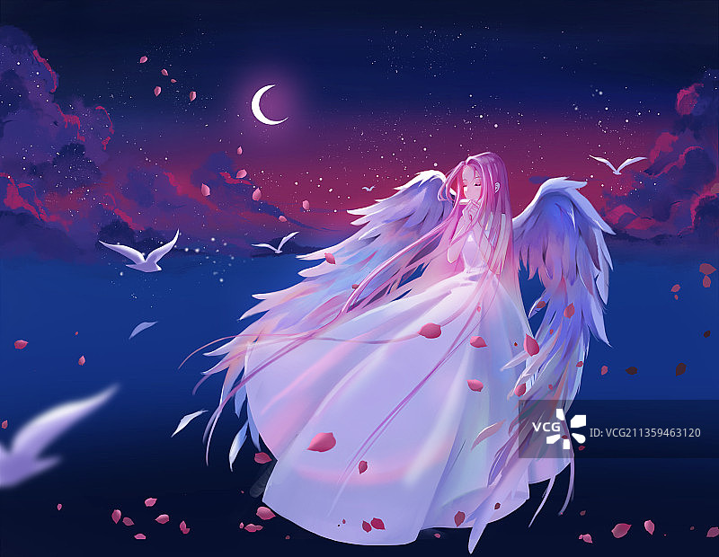 治愈系插画天使少女夜空吹口琴唯美海报图片素材