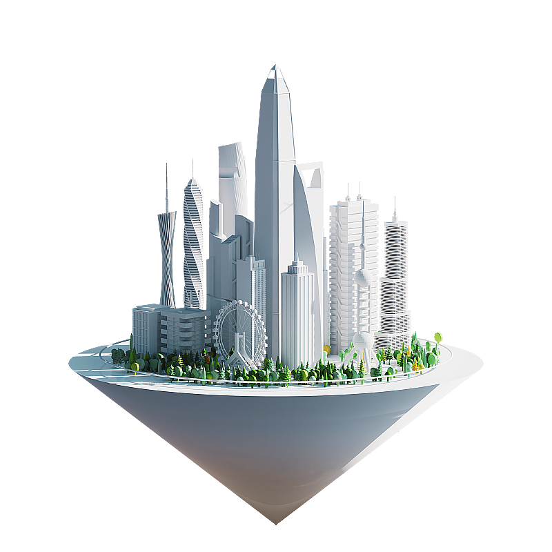 3D漂浮城市建筑元素图片素材