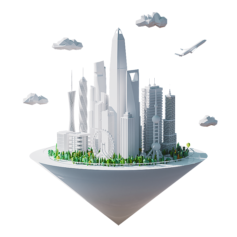 3D漂浮城市建筑元素图片素材