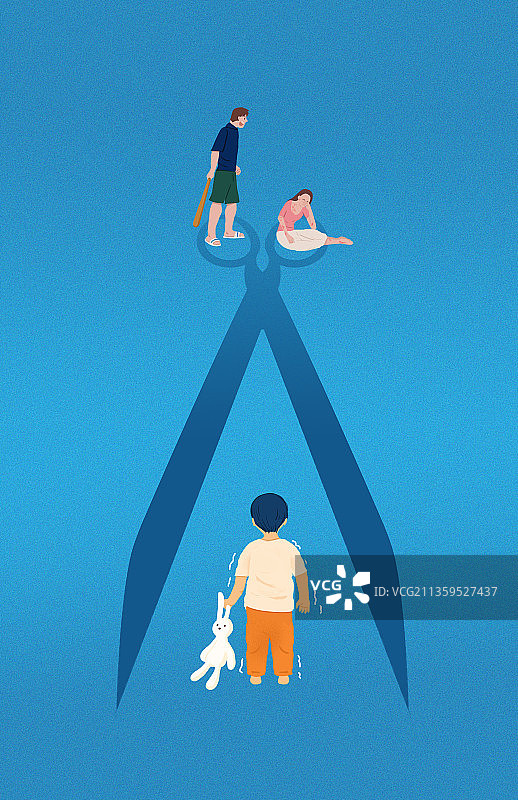 家庭暴力夫妻吵架童年亲情伤害儿童阴影孤独自闭生活困扰插画图片素材