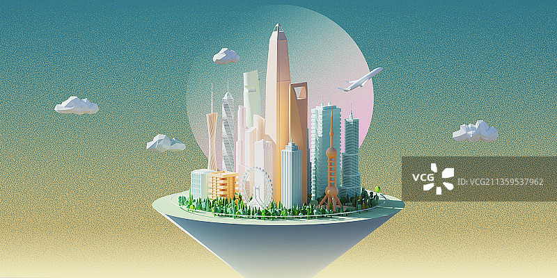 3D国潮漂浮城市建筑插画图片素材