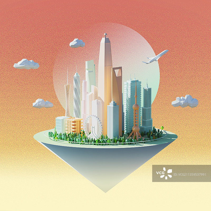 3D国潮漂浮城市建筑插画图片素材