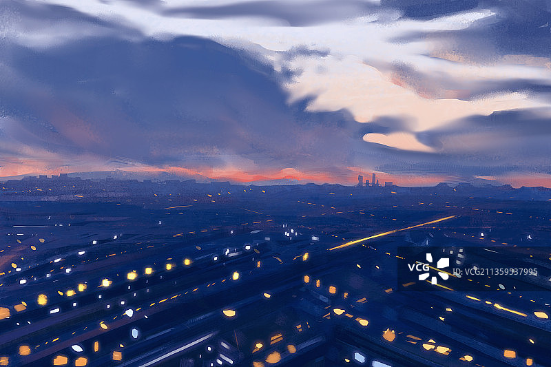 夕阳西下夜景城市图片素材