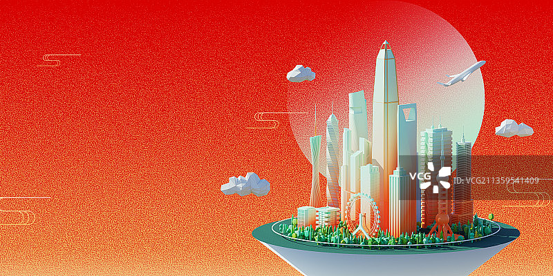 3D漂浮城市岛屿中国风插图图片素材