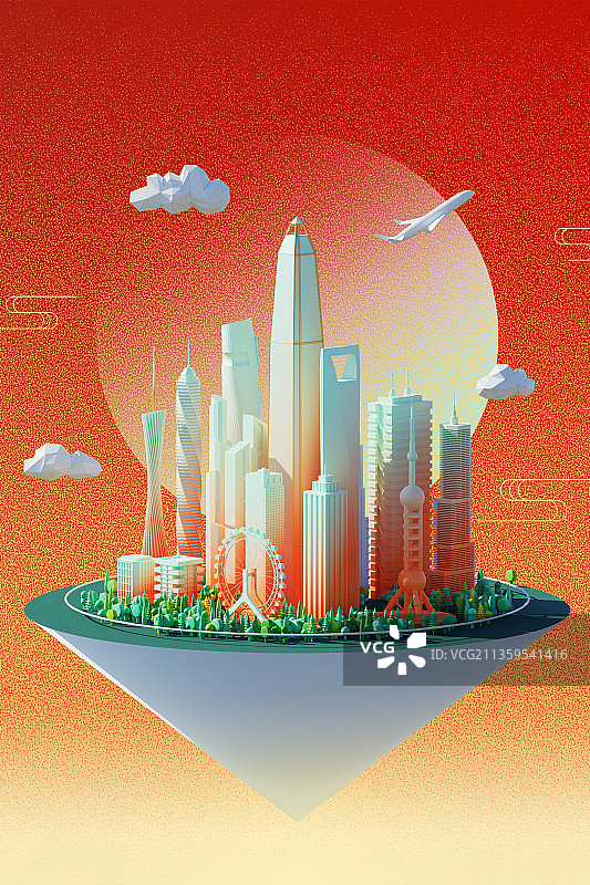 3D漂浮城市岛屿中国风插图图片素材