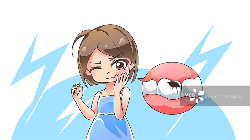 女孩牙疼，一手捂住肿胀的侧脸，卡通医疗疾病插画图片素材