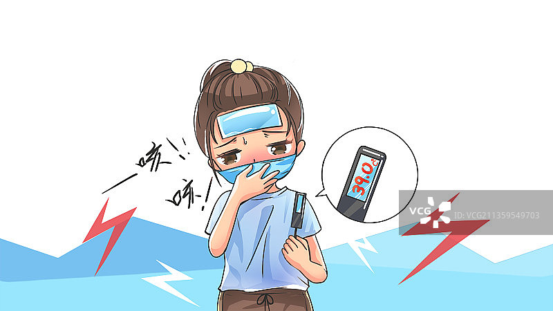 戴口罩的女孩额头贴着降温贴，看着手里体温计，卡通医疗疾病插画图片素材