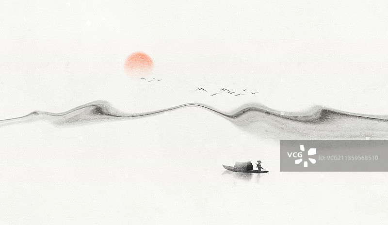 新中式风格水墨山水插画图片素材