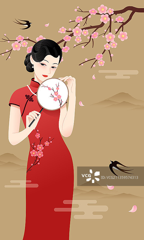 一个拿着扇子的旗袍美女和梅花燕子图片素材