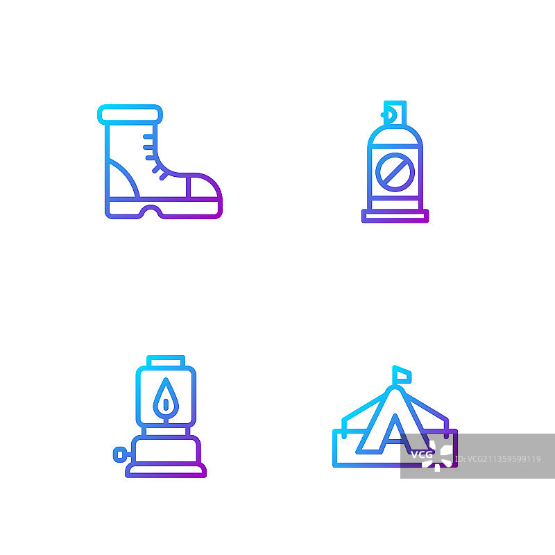 旅游帐篷、露营灯和猎人形象线条组合图片素材