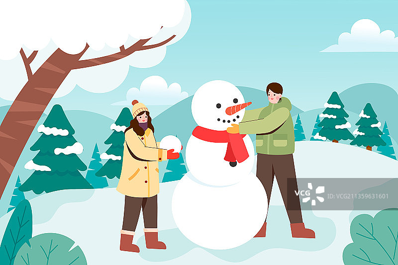 冬天堆雪人的情侣矢量插画图片素材