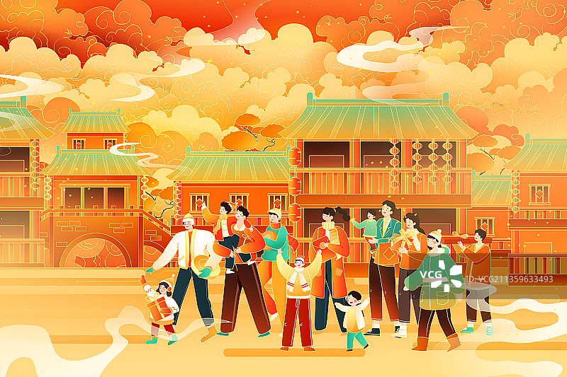 卡通虎年新年春节元旦传统亲子家人年货古建筑中国风国潮矢量插画图片素材