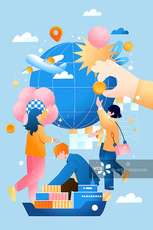 卡通全球经济发展物流快递运输交通旅游经济消费电商商务矢量插画图片素材