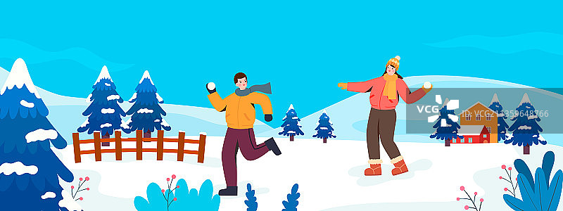 冬天户外打雪仗的人矢量插画图片素材