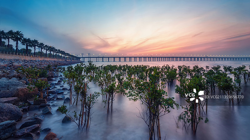 深圳宝安区西湾红树林公园海边黄昏风光图片素材