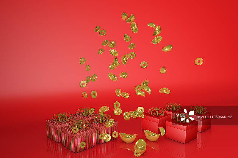 3D渲染的礼盒和金币,财富概念图片素材