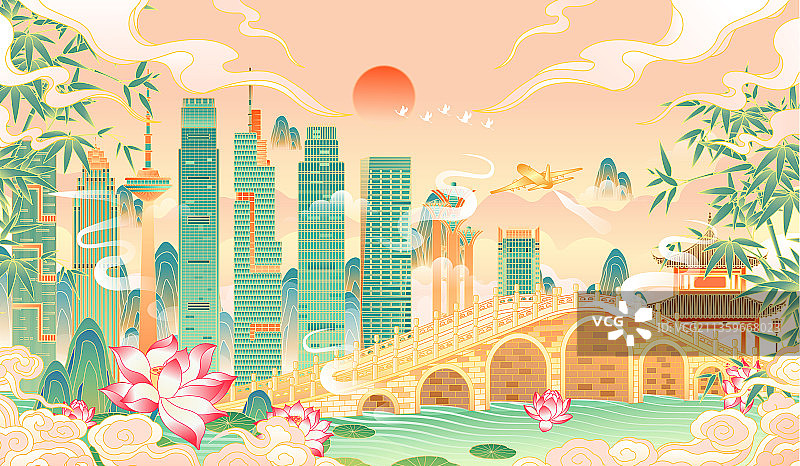 国潮园林城市风景矢量插画图片素材